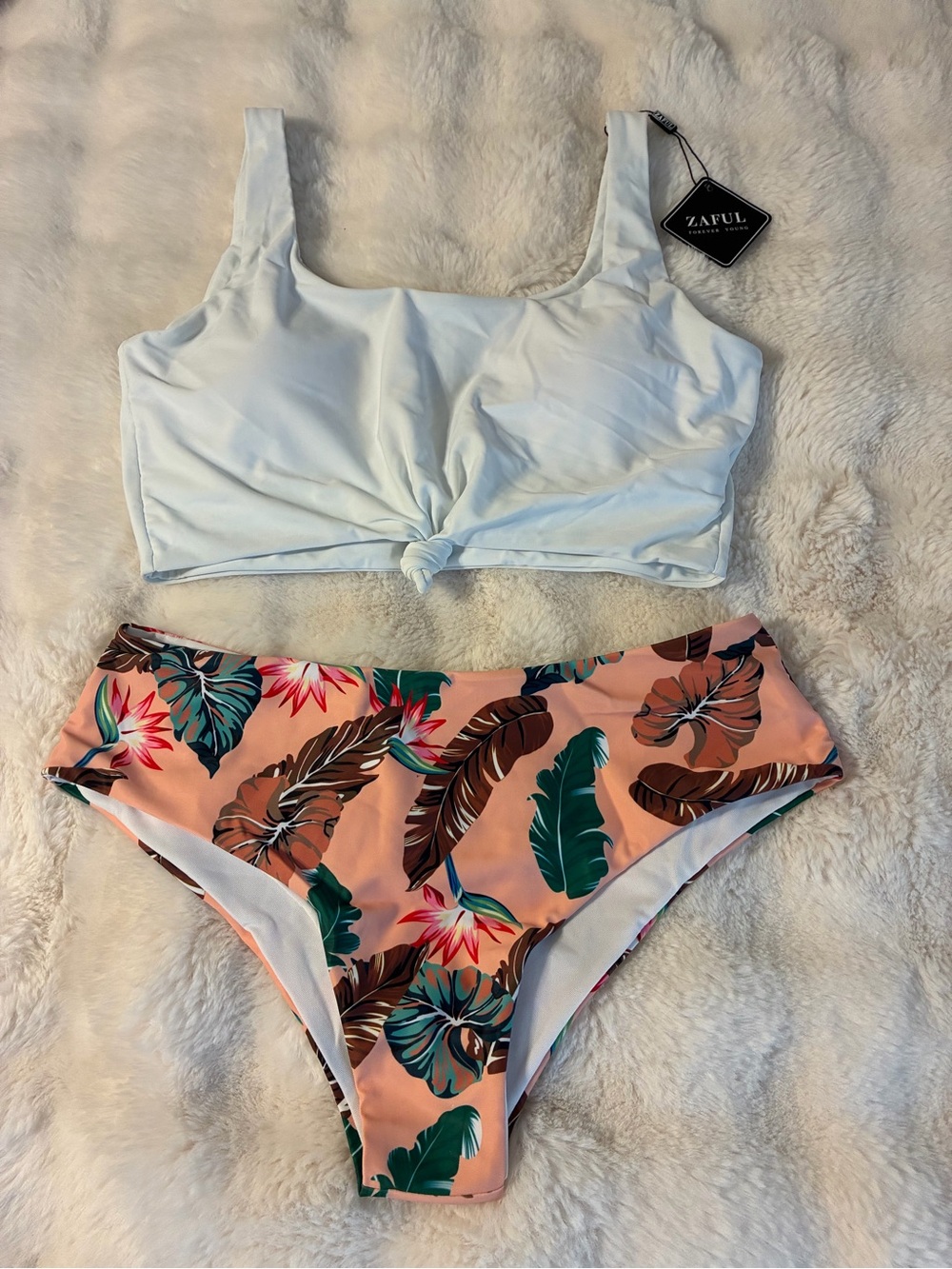 Zaful White Knot Bikini Top with Peach Tropical Print High-Waist BottomsNWT/0214